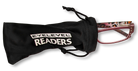 Eyelevel-UK leopard print rectangular reading glasses partially inside a black branded drawstring storage pouch