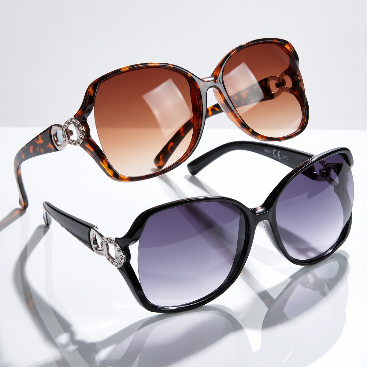 Eyelevel-UK Lexie oversized ladies sunglasses in brown tortoiseshell and black with gradient lenses and jewelled arms