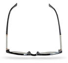 Eyelevel-UK Lima black reading glasses with round frames and glitter detail on the arms, seen from above.