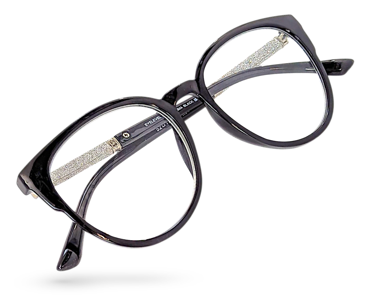 Eyelevel-UK Lima black round reading glasses featuring clear magnifying lenses and glitter detail on the arms.