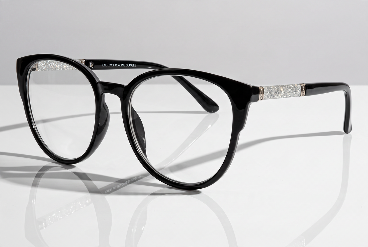 Eyelevel-UK Lima black round reading glasses with glitter detail on the arms and clear magnifying lenses