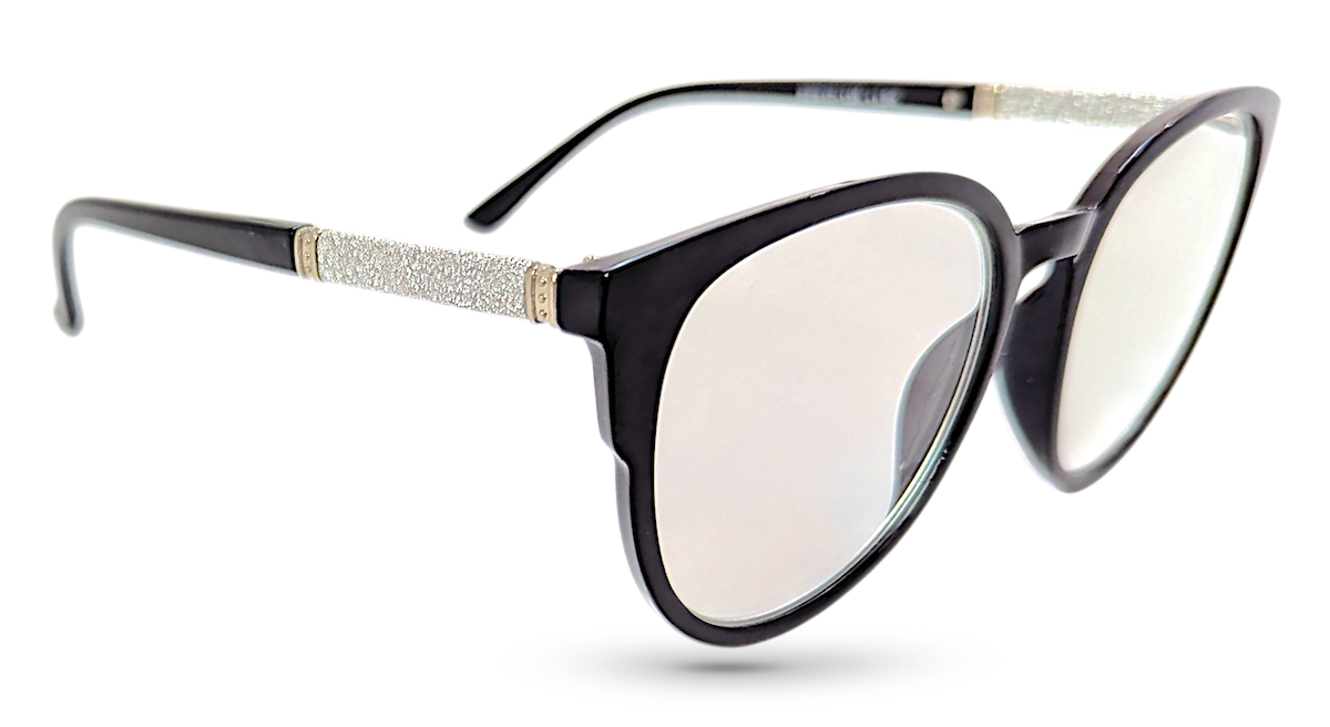 Eyelevel-UK Lima black round reading glasses with glitter detail on the arms and clear magnifying lenses.