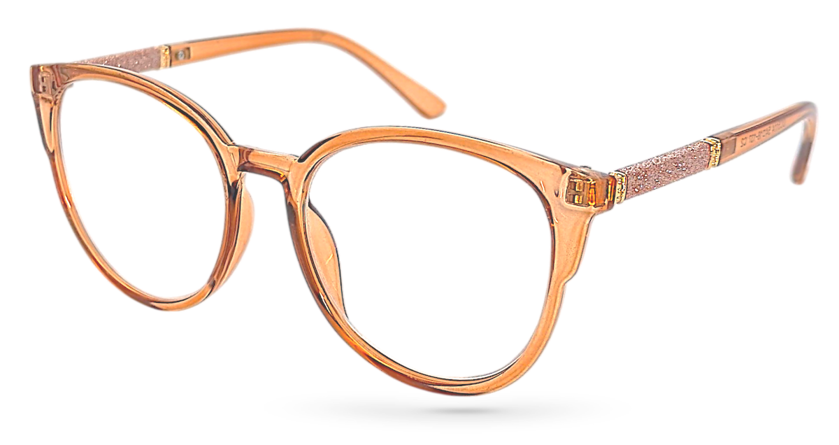 Eyelevel-UK Lima Rose round reading glasses with a translucent rose frame and glitter detail on the arms.