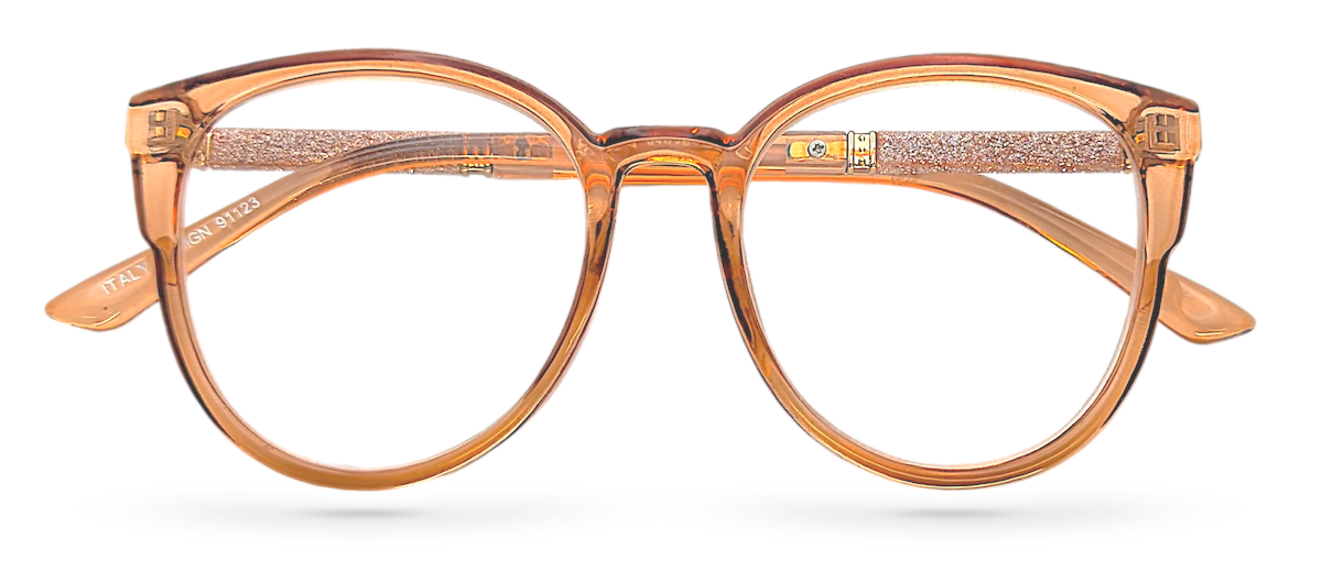 Eyelevel-UK Lima Rose reading glasses with a round translucent rose frame and glitter detail on the arms.