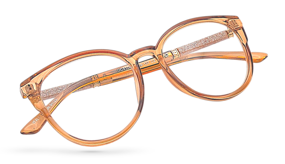 Eyelevel-UK Lima Rose reading glasses with a round rose-colored frame and glitter-detailed arms.