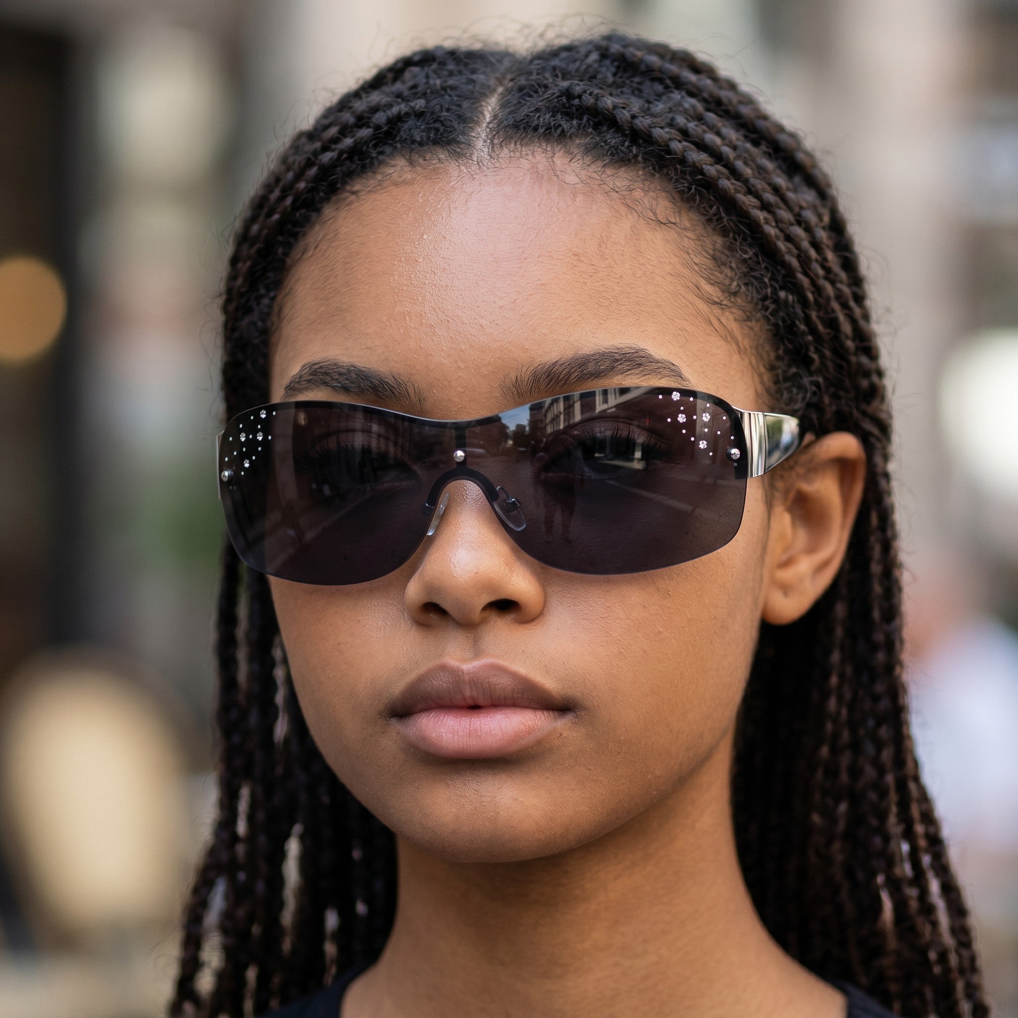Eyelevel-UK Lois wrap-style black sunglasses with diamante detail on the lens and gradient grey lenses.