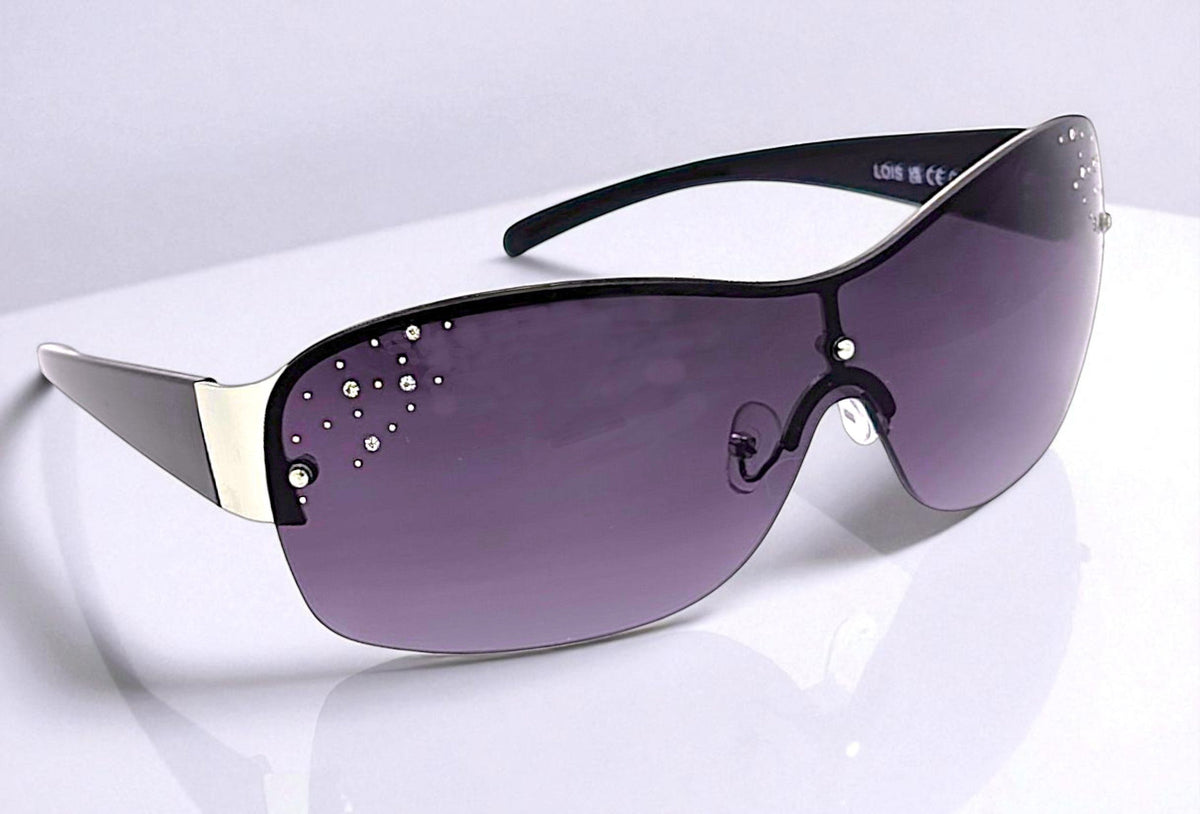 Eyelevel-UK Lois wraparound ladies sunglasses in black and silver with stone-embellished grey gradient lenses