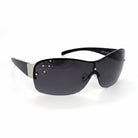 Eyelevel-UK Lois wraparound sunglasses in black and silver with grey gradient lenses and decorative stone accents.