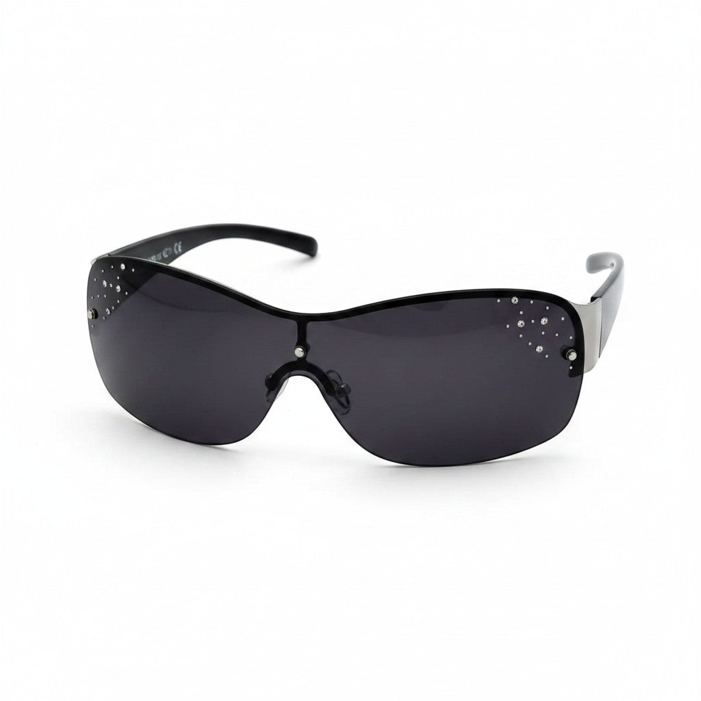 Eyelevel-UK Lois wraparound ladies sunglasses in black and silver with stone-embellished grey gradient lenses