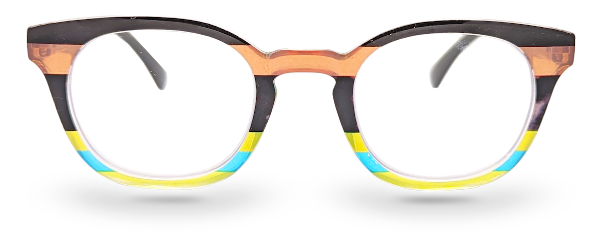Eyelevel-UK Majestic reading glasses with a rounded-square frame featuring a black top and multicolour lower rim.
