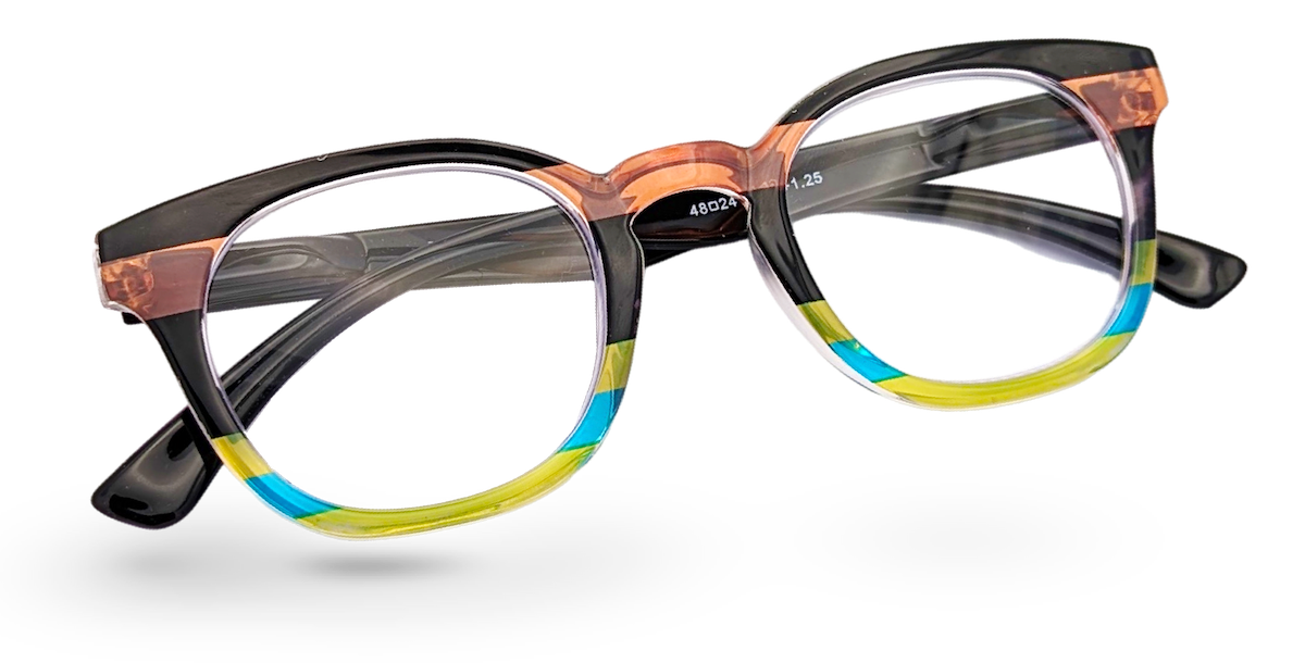 Eyelevel-UK Majestic reading glasses with rounded-square black and multicolour translucent plastic frames.