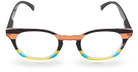 Eyelevel-UK Majestic reading glasses with rounded-square black and multicoloured translucent frames.