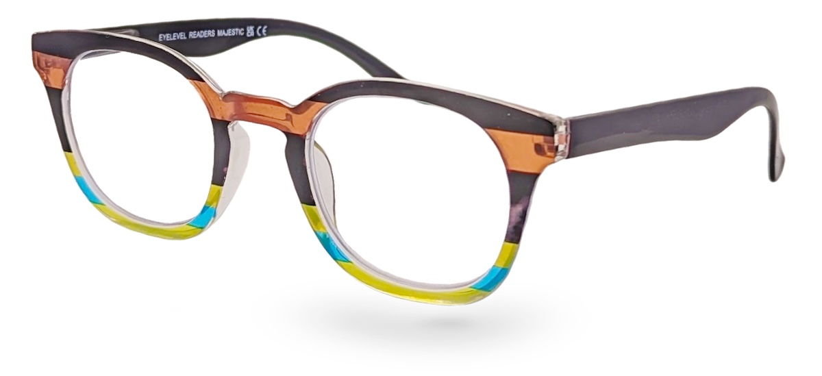 Eyelevel-UK Majestic reading glasses with rounded-square black and translucent multicolour plastic frames.