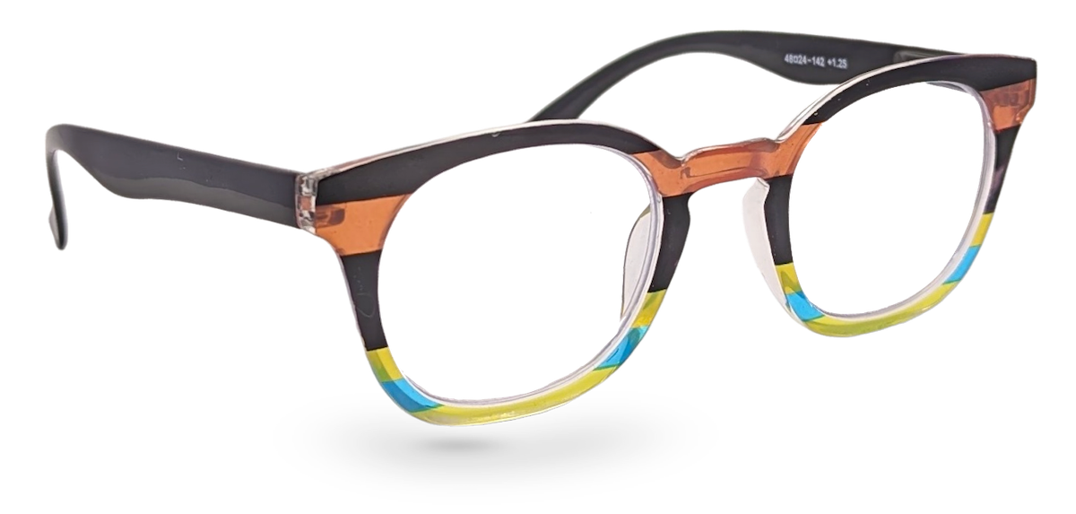 Eyelevel-UK Majestic reading glasses with a rounded-square black and translucent multicolour plastic frame