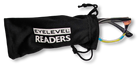 Eyelevel-UK Majestic reading glasses with a black and multicolour frame, partially inside a black drawstring pouch.