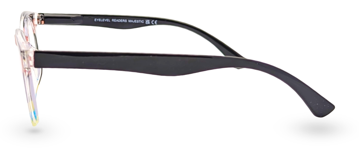 Eyelevel-UK Majestic reading glasses with black upper rims and translucent multicolour lower rims, side profile view.
