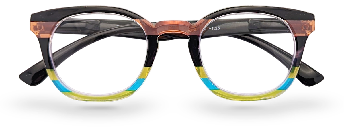 Eyelevel-UK Majestic reading glasses with a rounded-square black and multicolour translucent plastic frame.