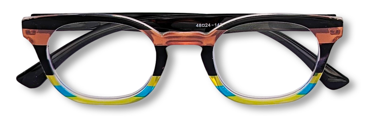Eyelevel-UK Majestic reading glasses with a rounded-square black and translucent multicolour frame.
