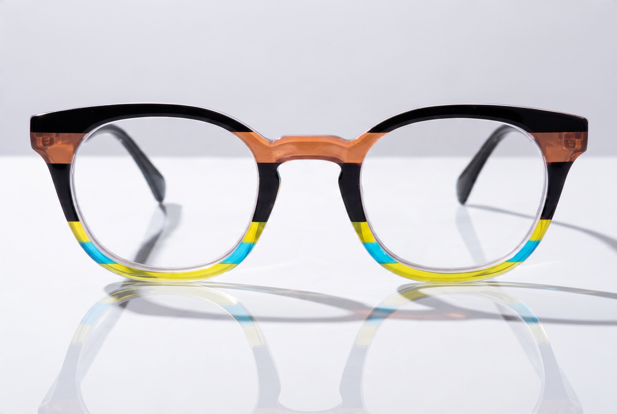 Eyelevel-UK Majestic reading glasses with rounded-square black, orange, and yellow translucent plastic frames.
