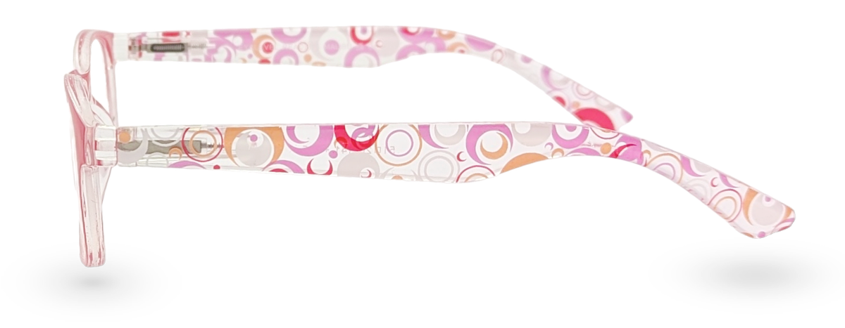 Eyelevel-UK Malibu reading glasses with a pink and red multicolour patterned frame in a side profile view.