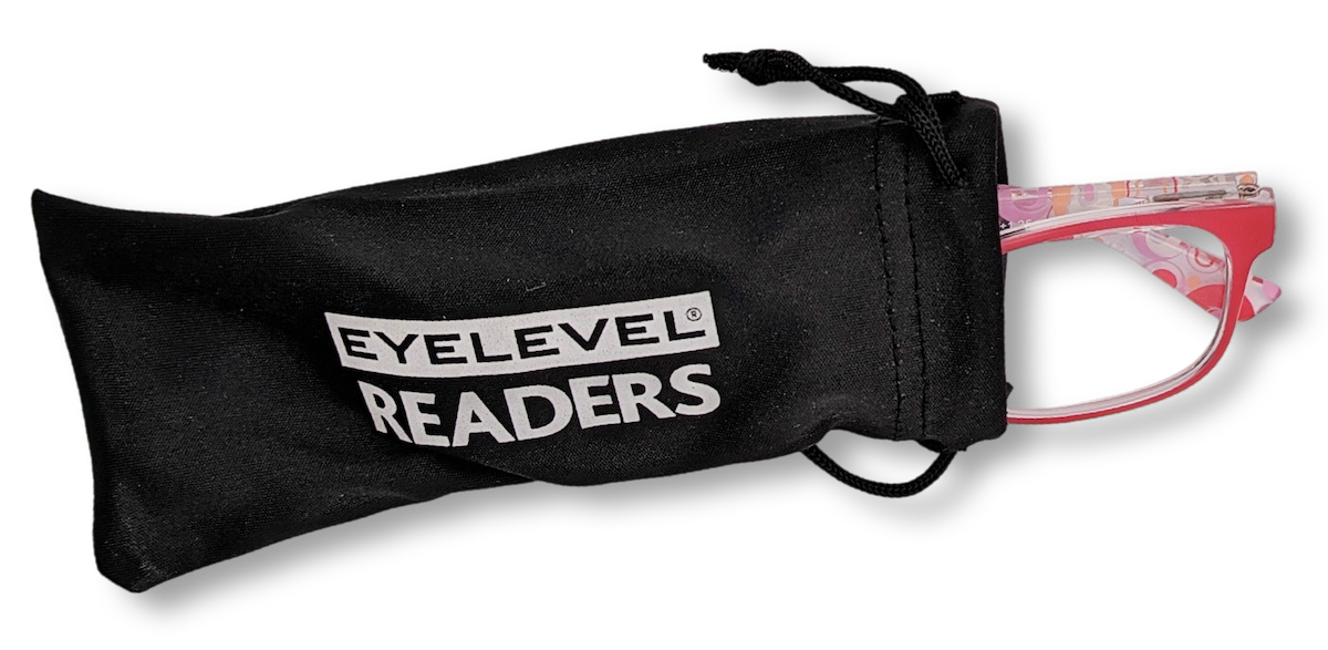 Eyelevel-UK Malibu reading glasses with red and pink patterned frames inside a black branded drawstring pouch