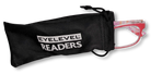 Eyelevel-UK Malibu reading glasses with red and pink patterned frames inside a black branded drawstring pouch