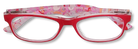 Eyelevel-UK Malibu reading glasses with a red front frame and multicolour patterned temples in a squared shape.
