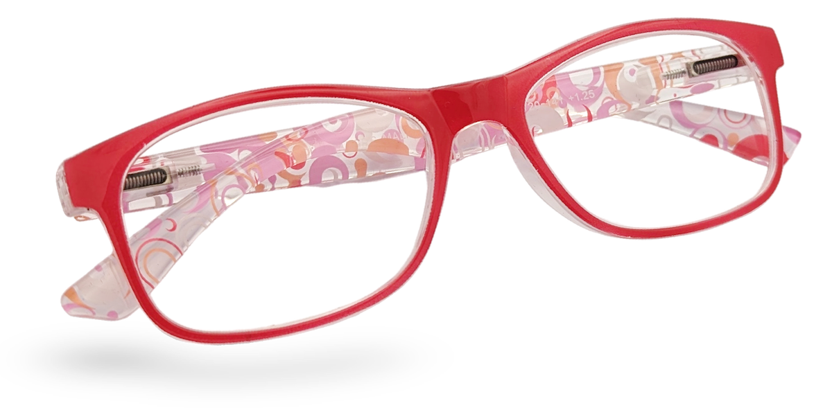 Eyelevel-UK Malibu reading glasses with a red frame and multicolour patterned temples on a white background.