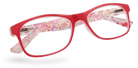 Eyelevel-UK Malibu reading glasses with a red frame and multicolour patterned temples on a white background.