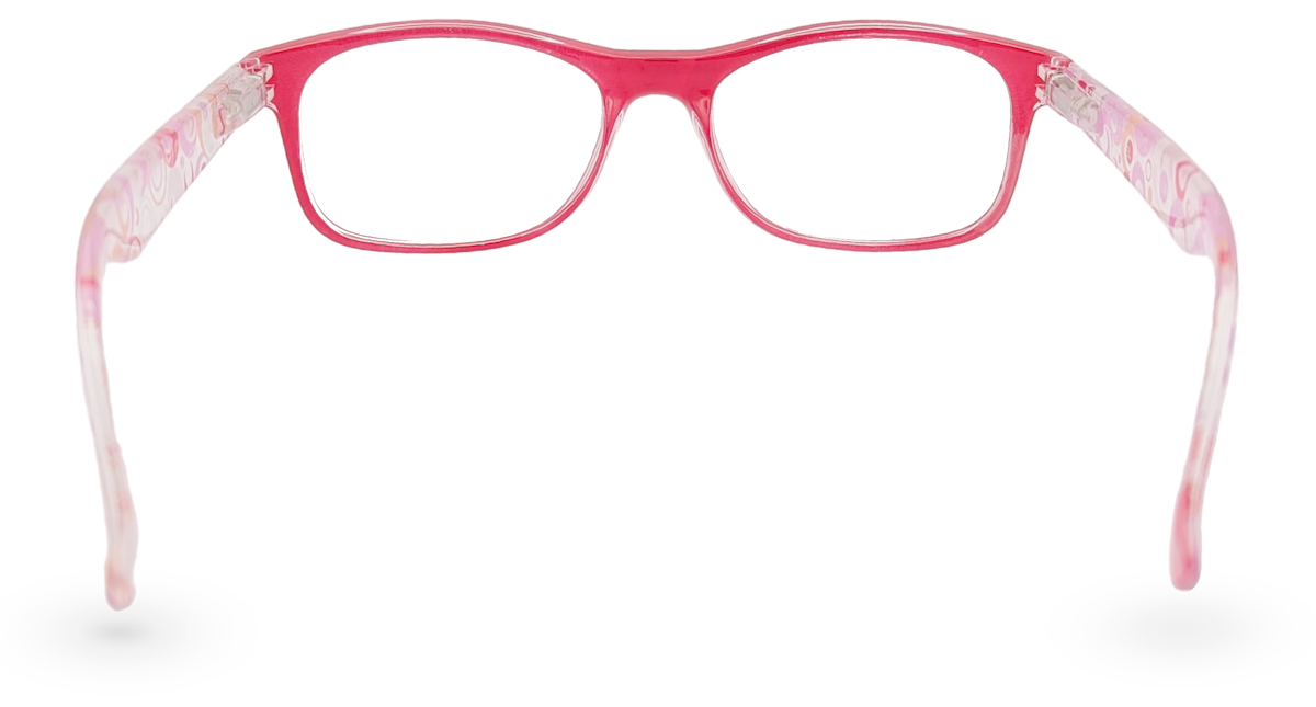 Eyelevel-UK Malibu reading glasses with a red and pink multicolour rectangular plastic frame and clear lenses.