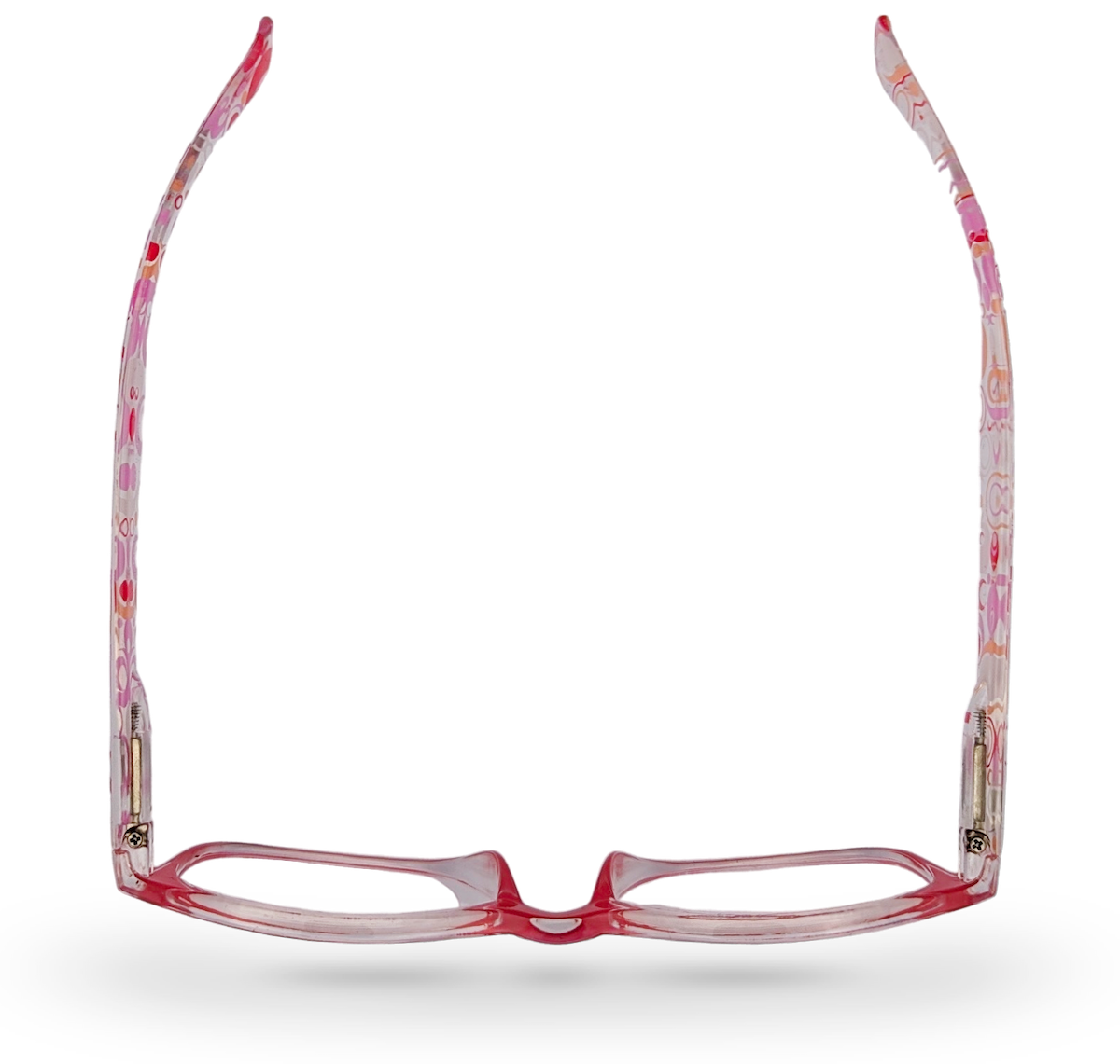 Eyelevel-UK Malibu reading glasses with a red and pink multicolour squared frame and clear magnifying lenses.
