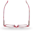 Eyelevel-UK Malibu reading glasses with a red and pink multicolour squared frame and clear magnifying lenses.