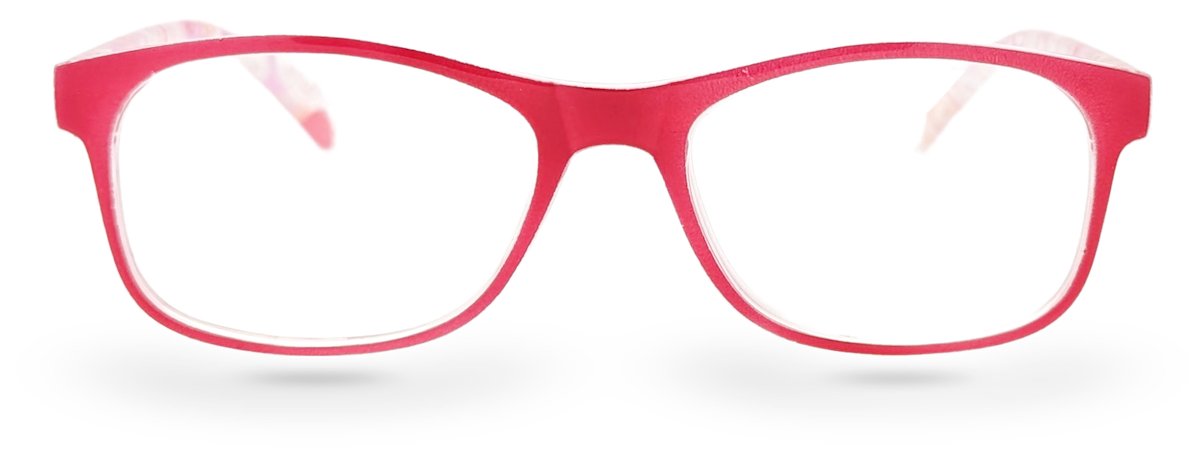 Eyelevel-UK Malibu reading glasses with a red and pink multicolour softly squared plastic frame and clear lenses.