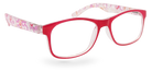 Eyelevel-UK Malibu reading glasses with a red and pink multicolour squared plastic frame and clear magnifying lenses.