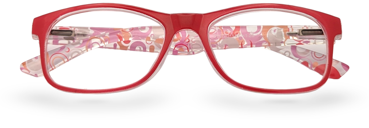 Eyelevel-UK Malibu reading glasses with a red and pink multicolour patterned frame and clear magnifying lenses.