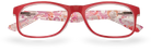 Eyelevel-UK Malibu reading glasses with a red and pink multicolour patterned frame and clear magnifying lenses.