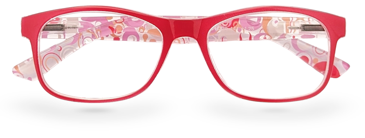 Eyelevel-UK Malibu reading glasses with a red squared frame and pink multicolour patterned temples