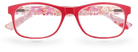 Eyelevel-UK Malibu reading glasses with a red squared frame and pink multicolour patterned temples