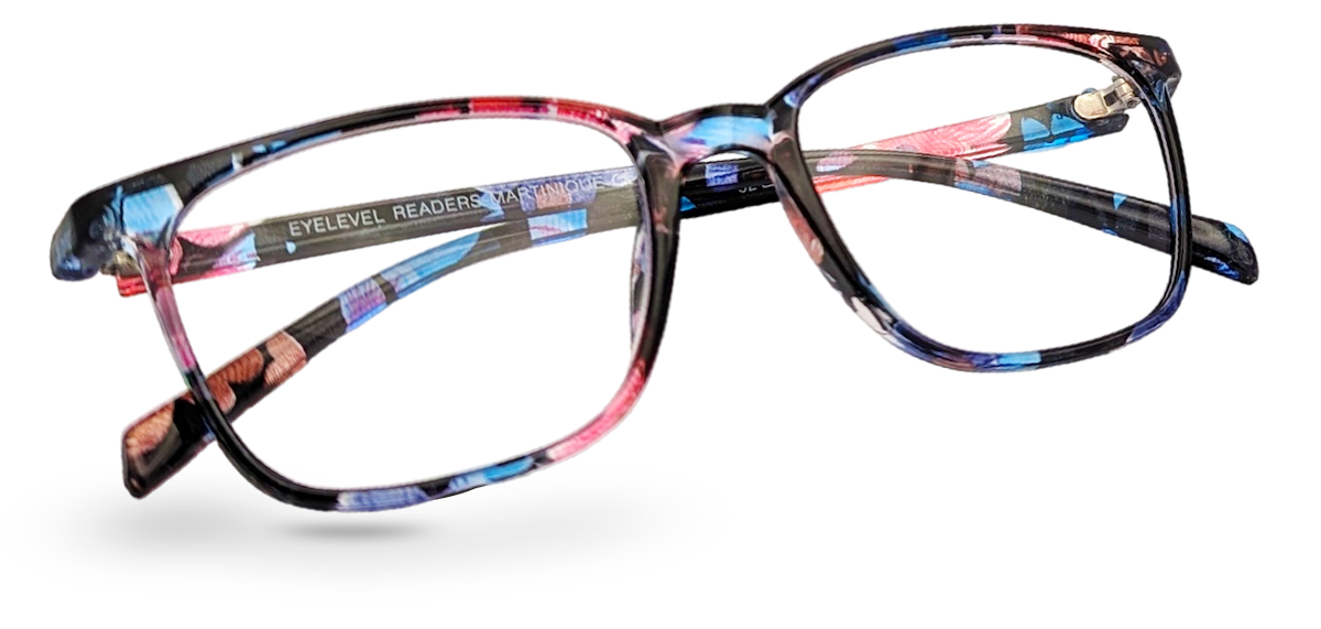 Eyelevel-UK Martinique reading glasses with a square multicolour floral plastic frame and clear magnifying lenses.