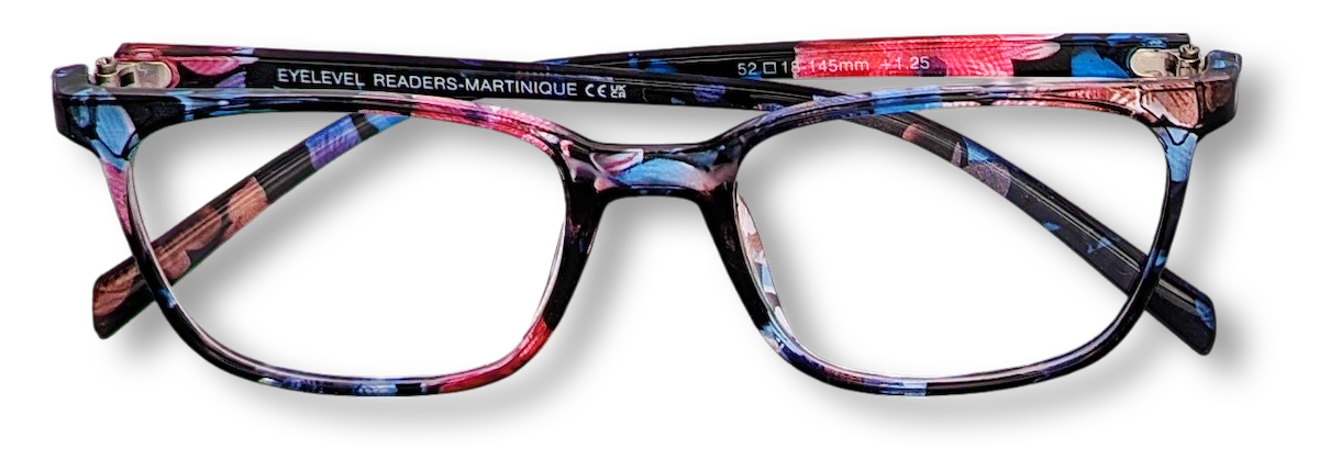 Eyelevel-UK Martinique reading glasses with a multicolour floral square plastic frame and clear magnifying lenses.