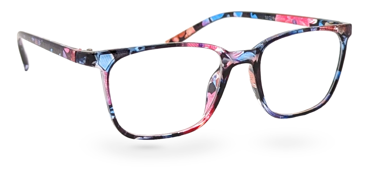 Eyelevel-UK Martinique reading glasses featuring a black and multicolour square plastic frame with clear lenses.