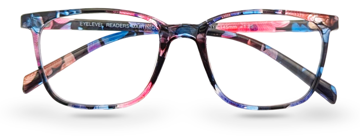Eyelevel-UK Martinique square reading glasses with a multicolour floral pattern on a black plastic frame