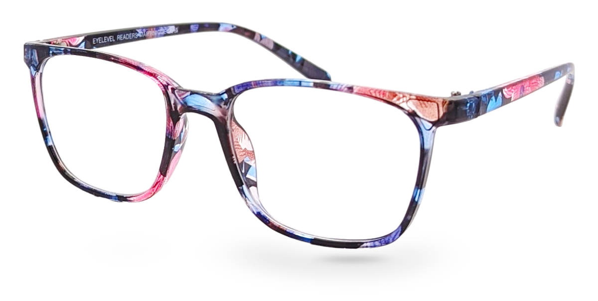 Eyelevel-UK Martinique reading glasses with a multicolour floral square plastic frame and clear magnifying lenses.