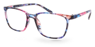 Eyelevel-UK Martinique reading glasses with a multicolour floral square plastic frame and clear magnifying lenses.