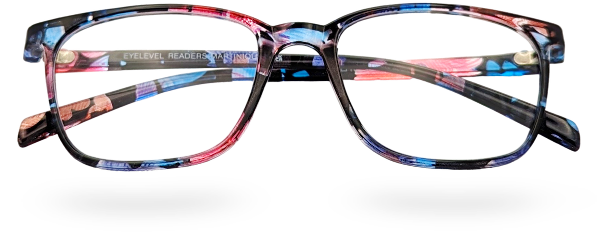 Eyelevel-UK Martinique reading glasses featuring a black and multicolour floral square plastic frame.