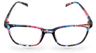 Eyelevel-UK Martinique reading glasses with a black and multicolour square plastic frame and clear magnifying lenses.