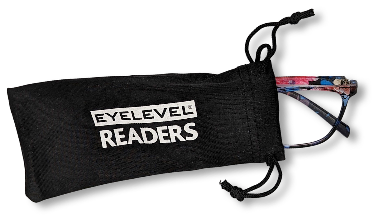Eyelevel-UK Martinique reading glasses with a multicolour square frame inside a black branded drawstring pouch.