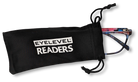 Eyelevel-UK Martinique reading glasses with a multicolour square frame inside a black branded drawstring pouch.