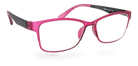 Eyelevel-UK Mauritius reading glasses with a pink and black rectangular plastic frame and clear magnifying lenses.