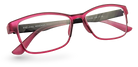 Eyelevel-UK Mauritius reading glasses with a pink and black softly squared plastic frame and clear magnifying lenses.